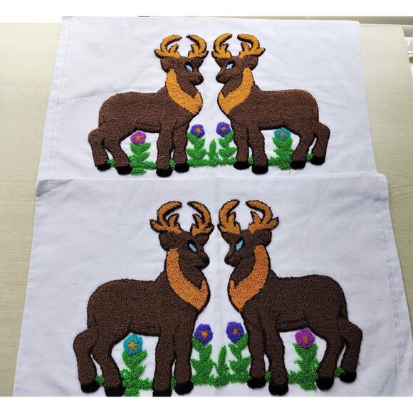 PILLOW COVERS-Crewel Stitch-Handmade-Reindeer-White Background16"x26"-Set of 2 - Picture 9 of 13
